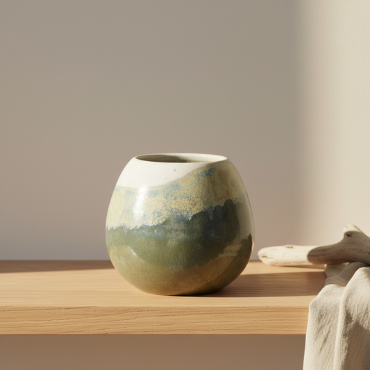 Earthy Olive Vase with organic dripping glazes by Karene Fairey styled on natural wood surface with soft light
