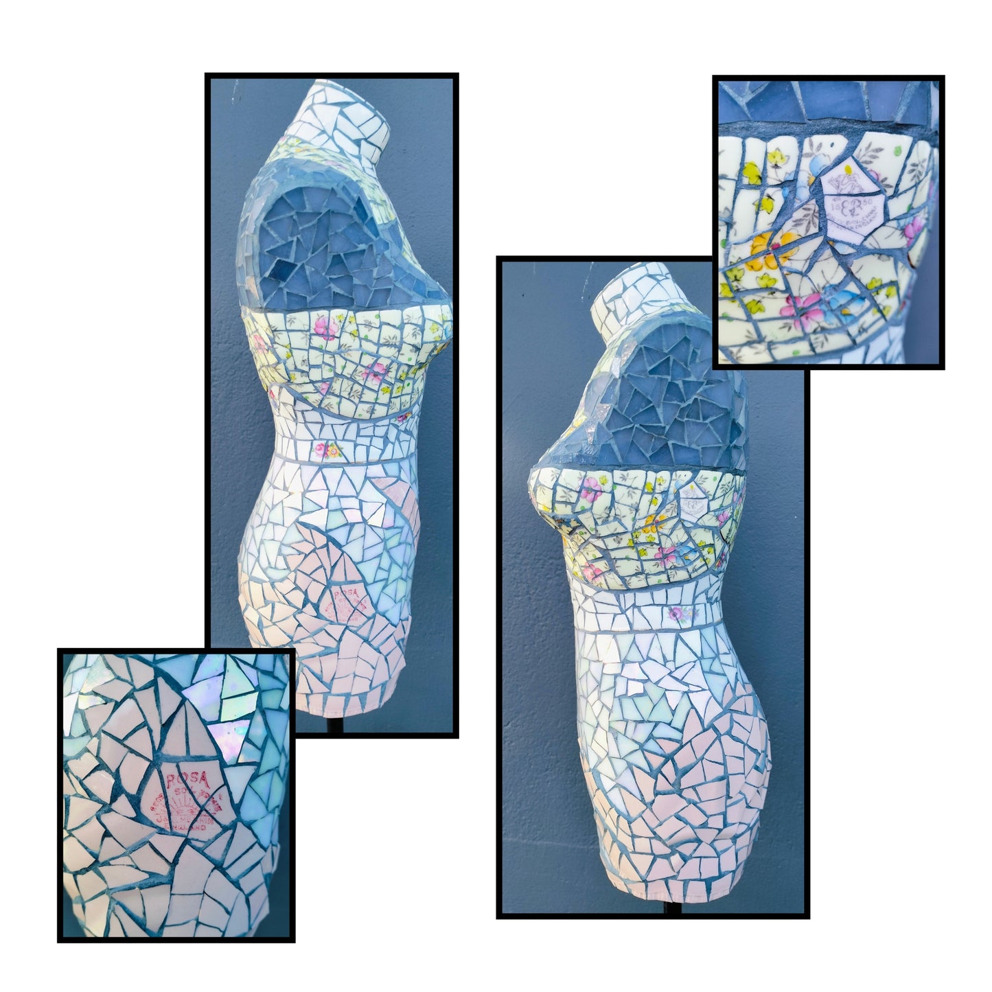 Side View and close ups of Mosaic female torso sculpture by Janice Corbishley, covered in broken iridescent vintage china plates and cups with floral fragments and dark grout, on black stand
