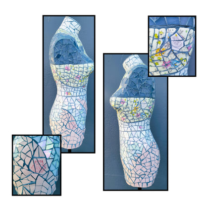 Side View and close ups of Mosaic female torso sculpture by Janice Corbishley, covered in broken iridescent vintage china plates and cups with floral fragments and dark grout, on black stand
