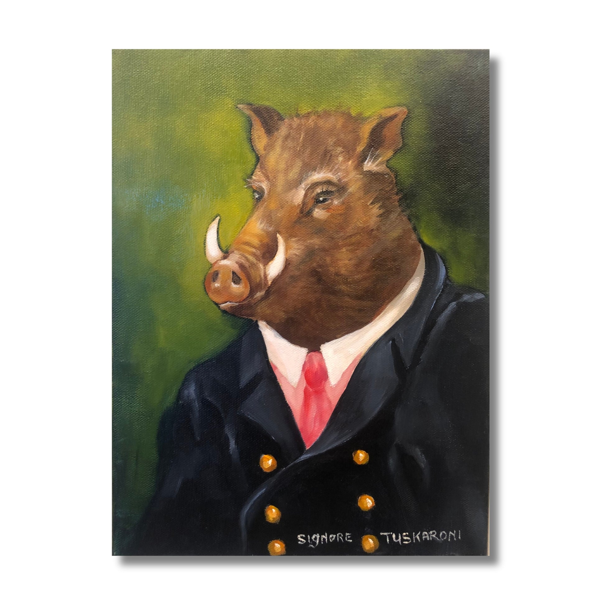 Original oil painting of a wild boar in a dark double-breasted jacket and pink tie, titled Signore Tuskaroni, by New Zealand artist Nola Weber
