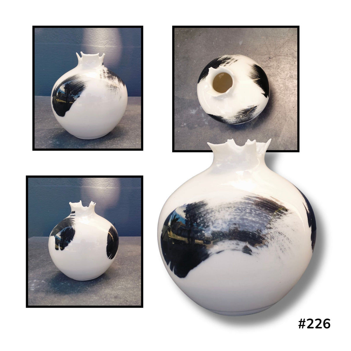 Small Bud Vase - Pinched Rim #226 by Lyn Rigg, with a rounded creamy porcelain body, bold black markings and a crown-like rim, shown from above and several sides.

