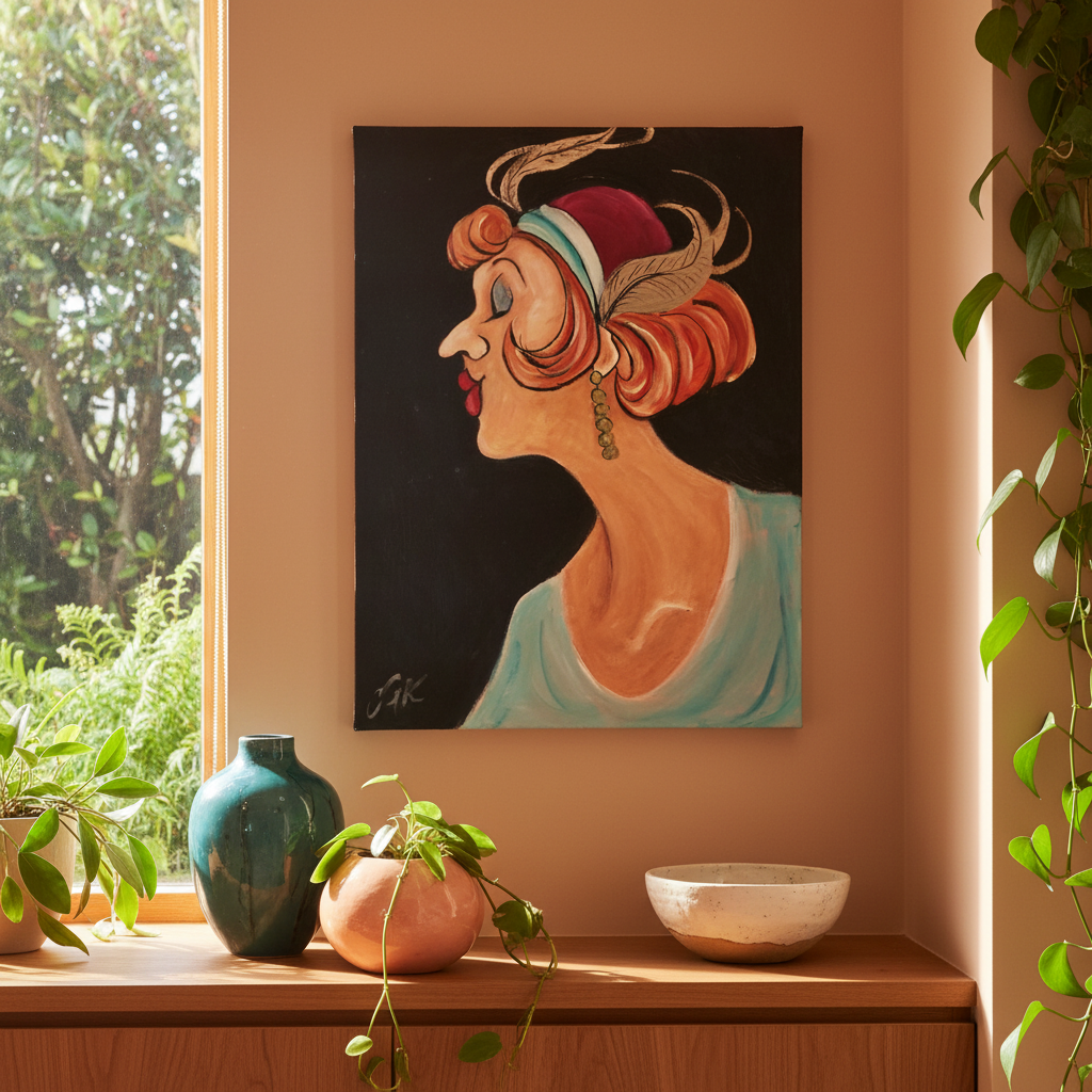 Soiree Glam acrylic painting by Chloe King displayed in a cosy spot in a warm contemporary New Zealand home interior
