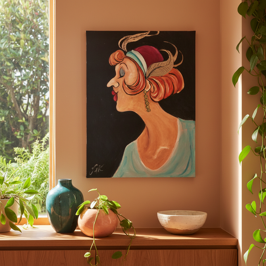 Soiree Glam acrylic painting by Chloe King displayed in a cosy spot in a warm contemporary New Zealand home interior
