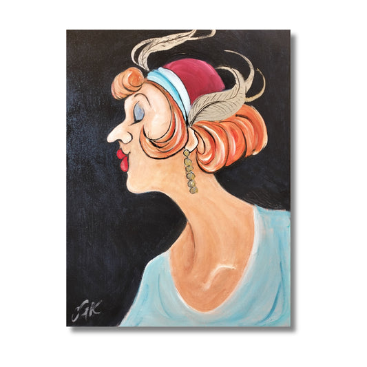 Original acrylic painting of a stylish woman in profile with auburn hair, feathered headpiece and drop earring against a dark background by Chloe King, 30 x 40cm, titled Soiree Glam

