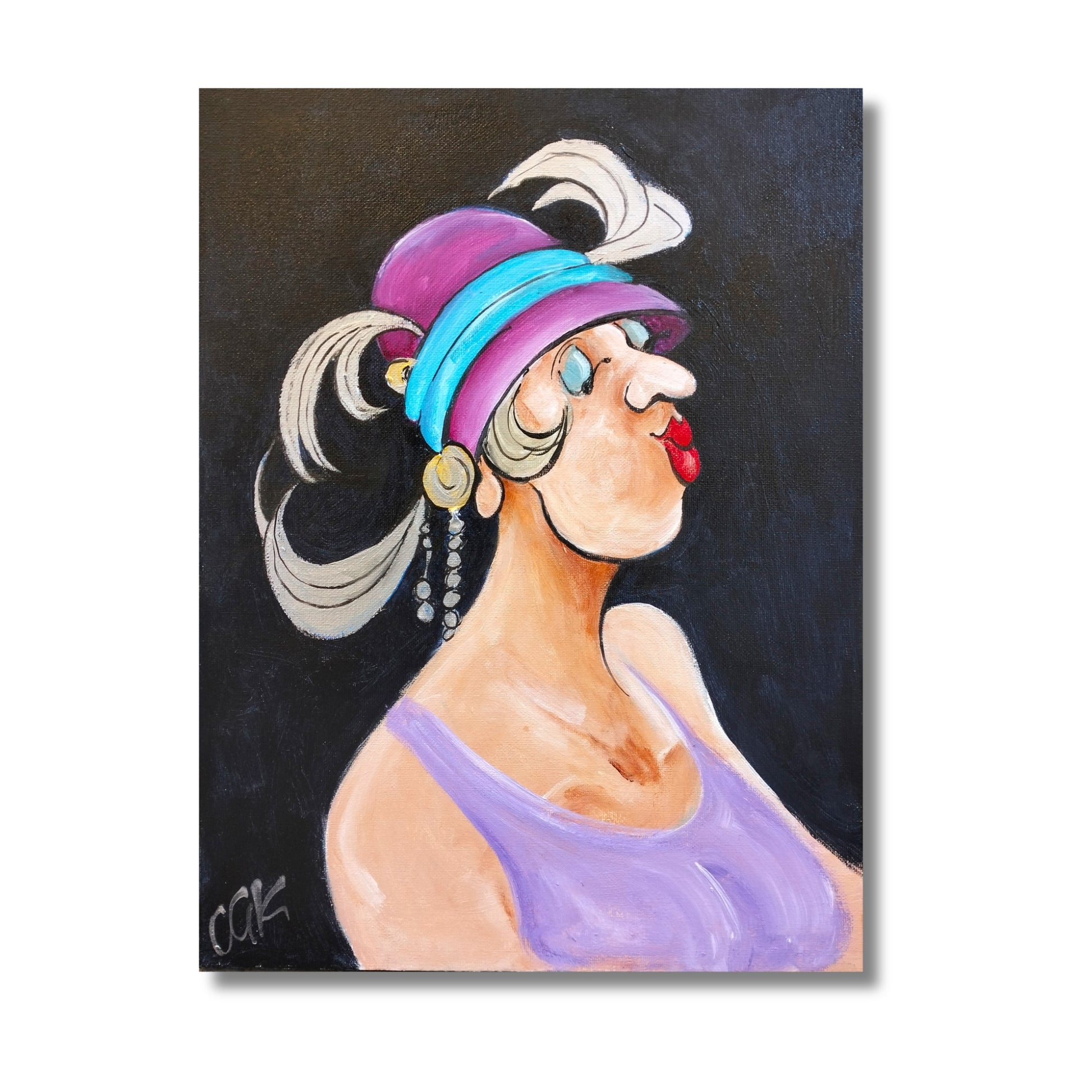 Original acrylic painting of a bold woman in profile with a purple and teal feathered hat and dangling earrings against a dark background by Chloe King, 30 x 40cm, titled Soiree Gloss
