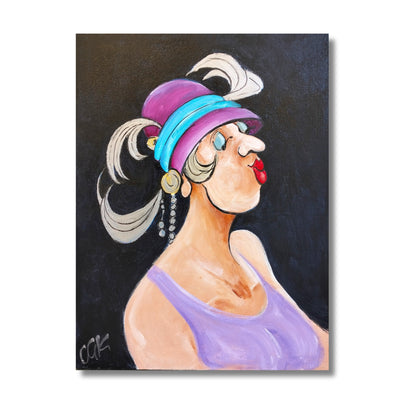Original acrylic painting of a bold woman in profile with a purple and teal feathered hat and dangling earrings against a dark background by Chloe King, 30 x 40cm, titled Soiree Gloss
