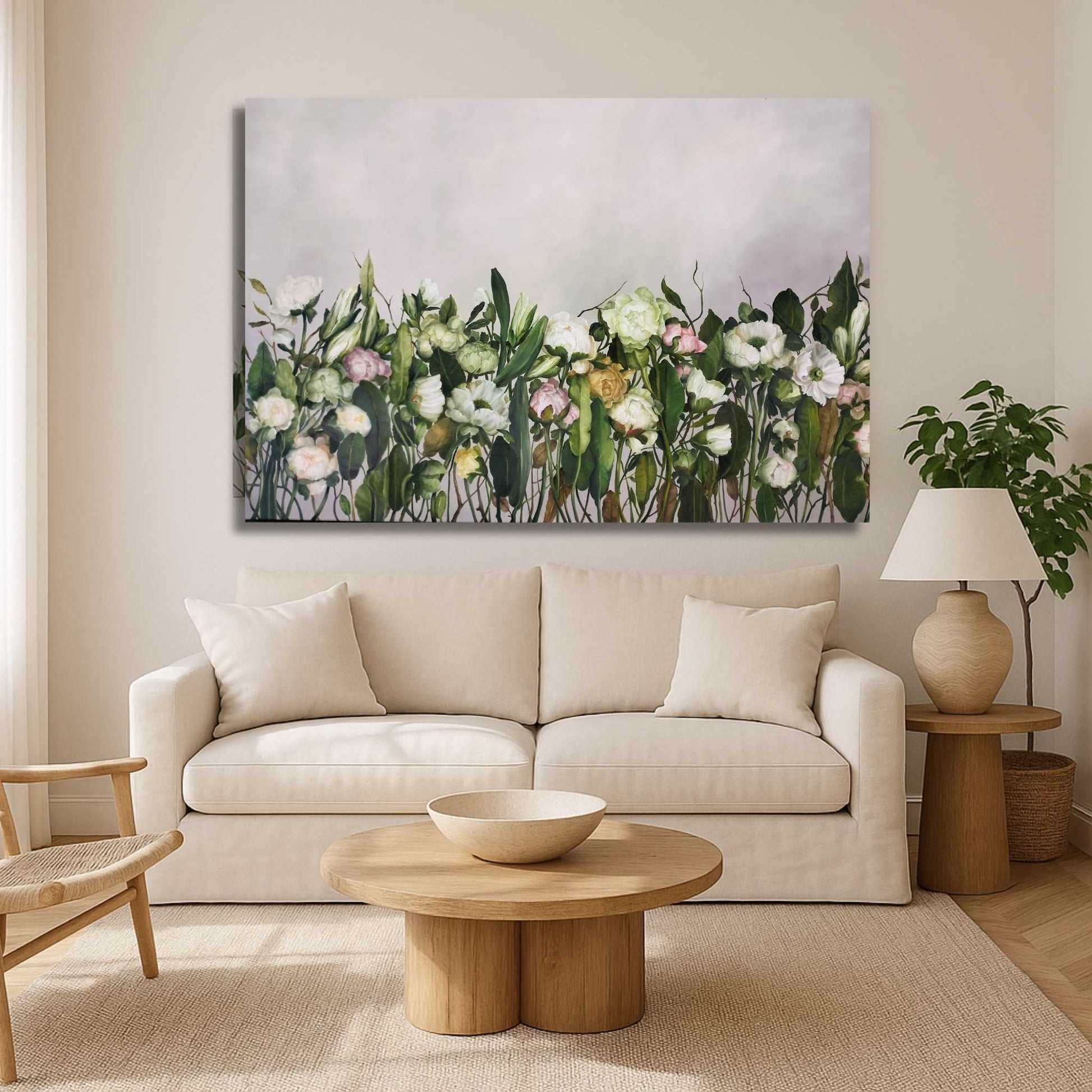 Living room with a beige sofa, wooden coffee table, and floral painting on the wall.