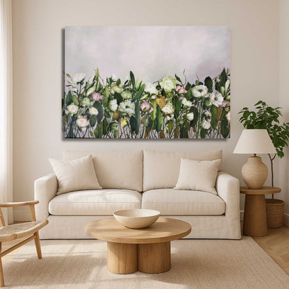 Living room with a beige sofa, wooden coffee table, and floral painting on the wall.
