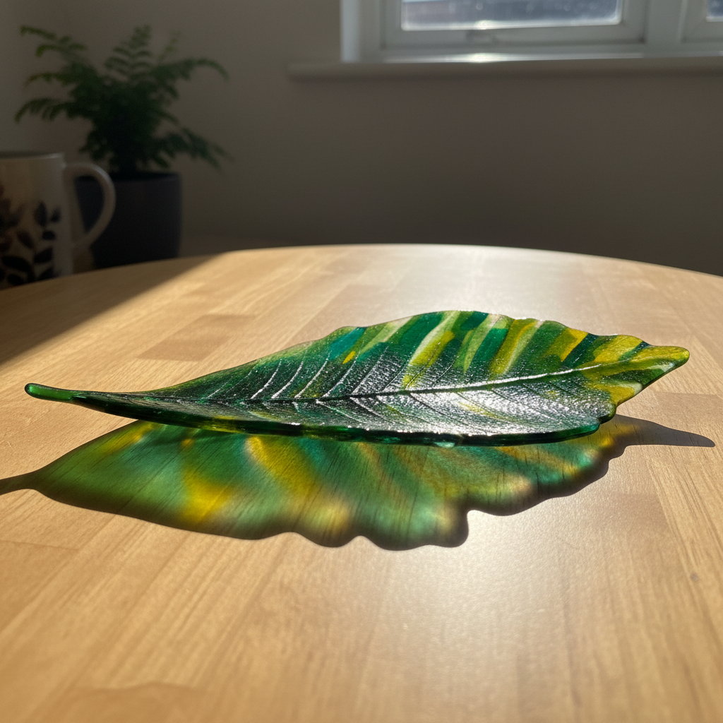 Spring Greens glass leaf flat on table