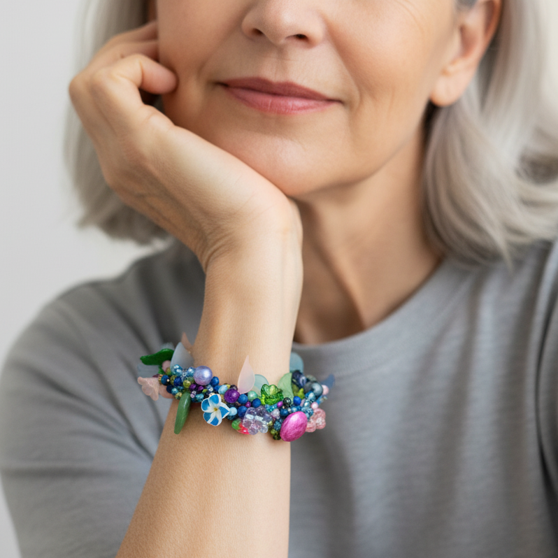Square jewelry photography of woman wearing Judith Bradley beaded bracelet propping chin