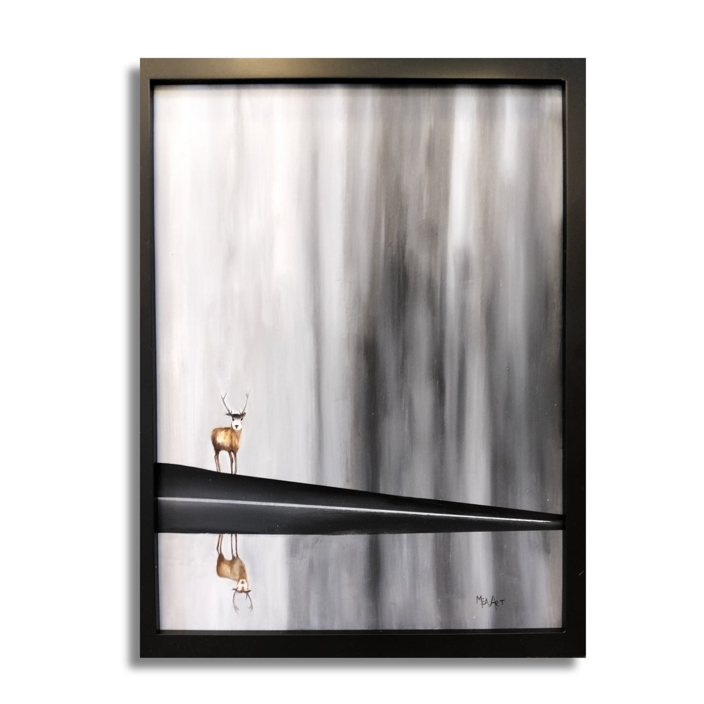 Stagnant - atmospheric oil painting by Marion Aitken featuring a deer in soft greys and warm tones with misty forest background, black frame