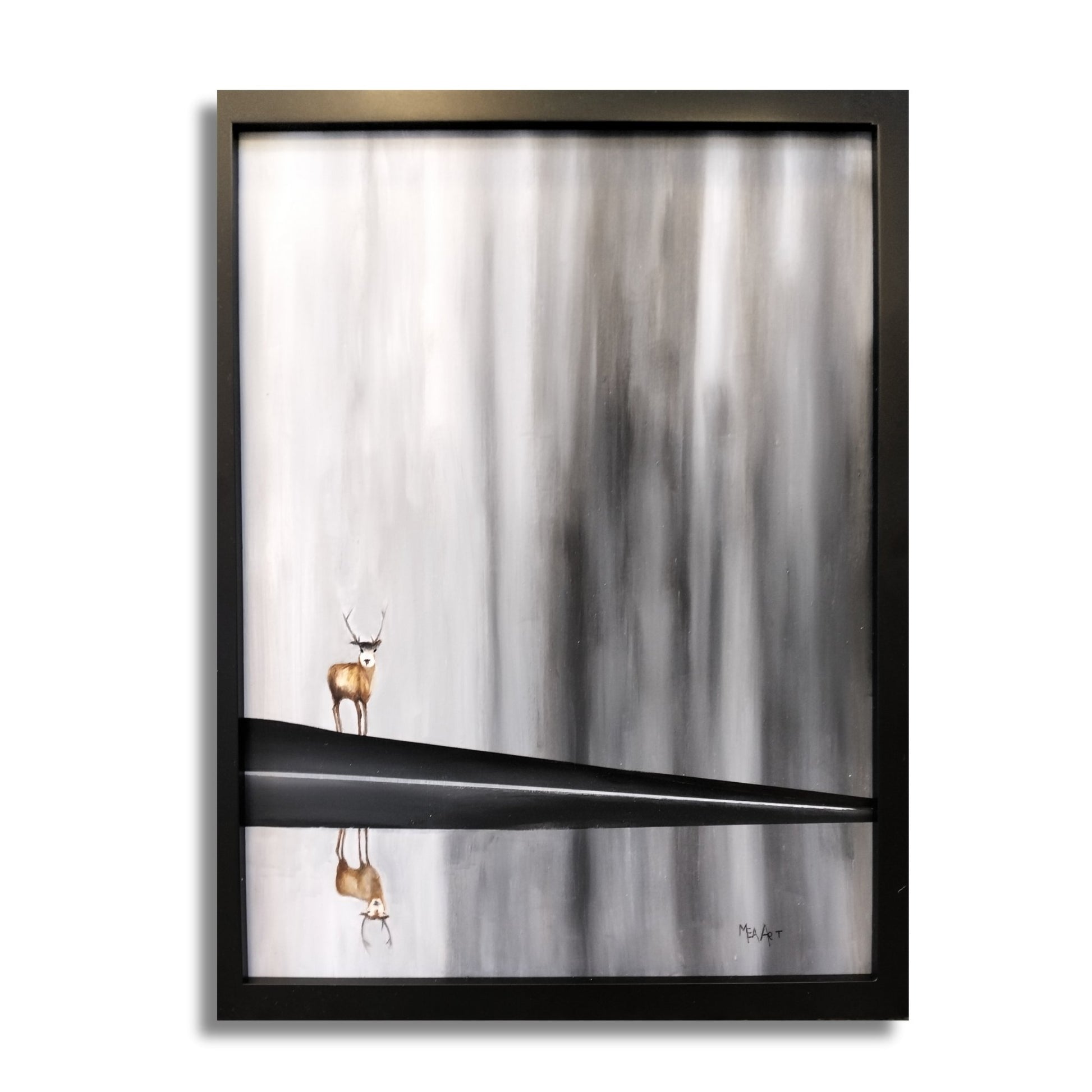 Stagnant - atmospheric oil painting by Marion Aitken featuring a deer in soft greys and warm tones with misty forest background, black frame