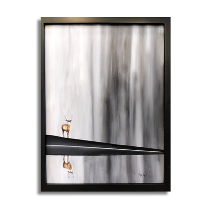 Stagnant - atmospheric oil painting by Marion Aitken featuring a deer in soft greys and warm tones with misty forest background, black frame