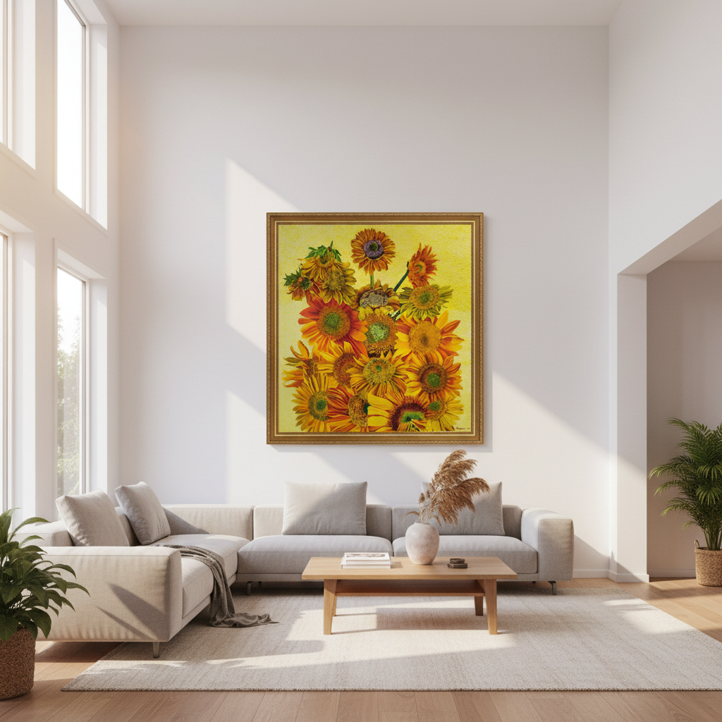 Sunflowers by Patrick Tyman in spacious room with high ceilings