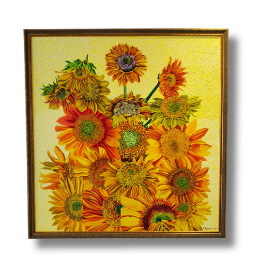 Vibrant oil painting of sunflowers in golden yellows, oranges and reds against bright yellow background, framed in ornate gold frame
