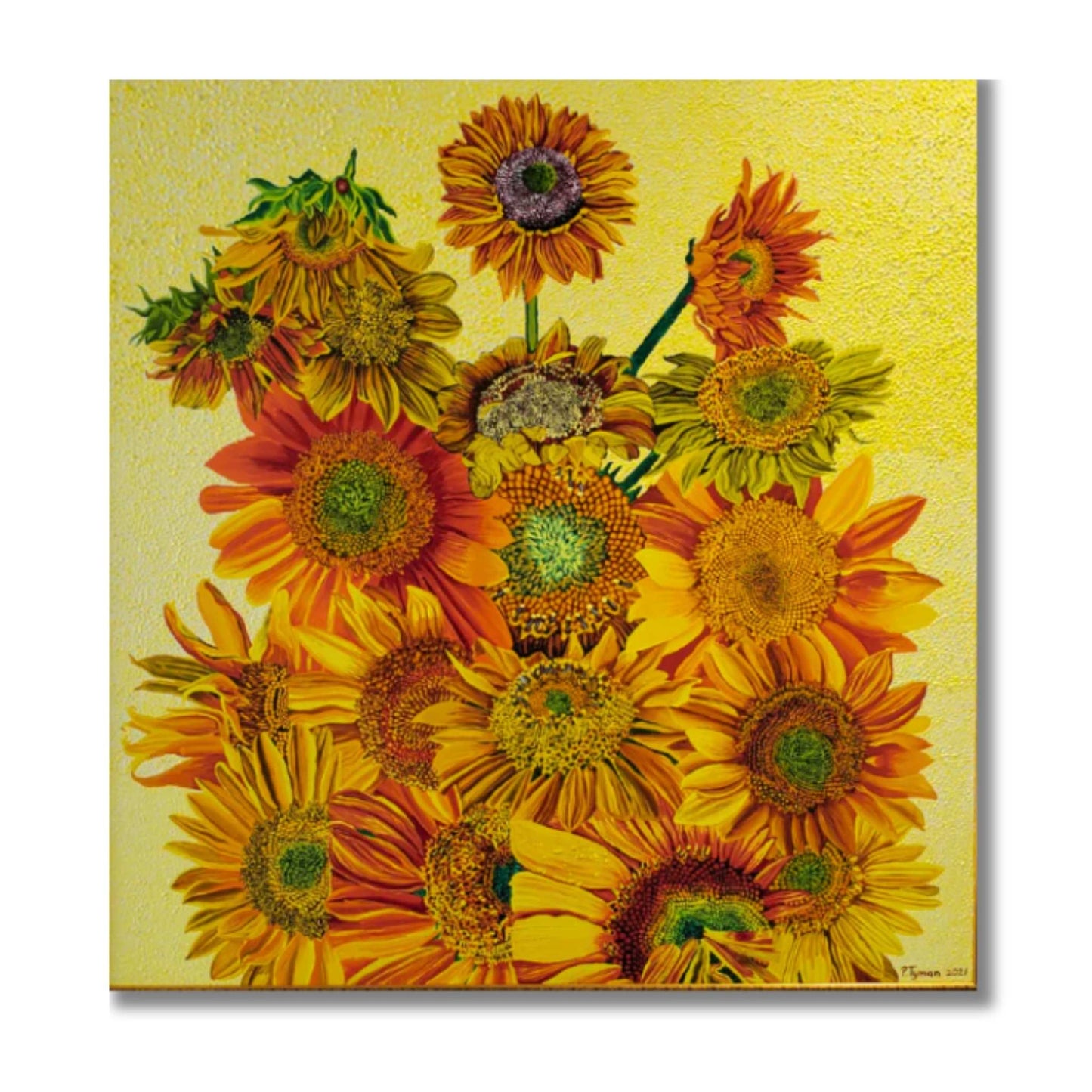 Vibrant oil painting of sunflowers in golden yellows, oranges and reds against bright yellow background