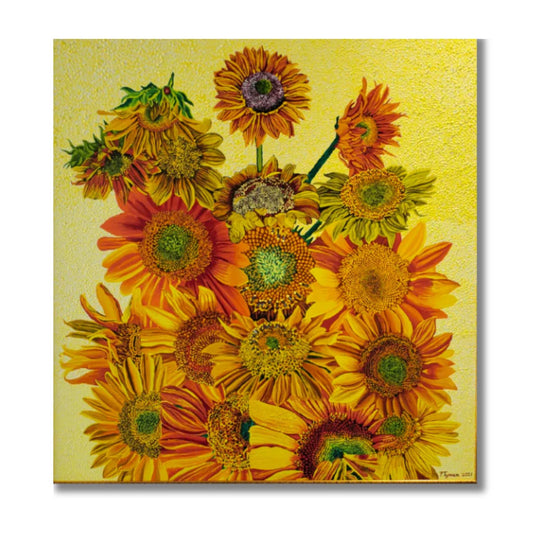 Vibrant oil painting of sunflowers in golden yellows, oranges and reds against bright yellow background