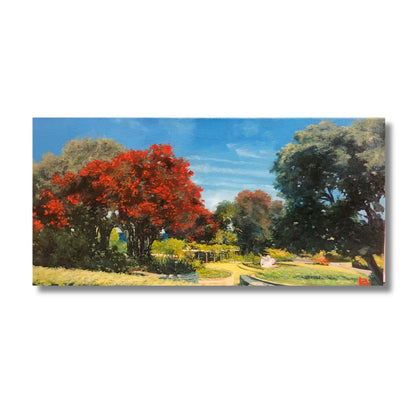 Original oil painting of Napier's Sunken Gardens with a blazing red pōhutukawa tree in full bloom, by New Zealand artist Bari Duncan, 20 × 40cm gallery wrap canvas.
