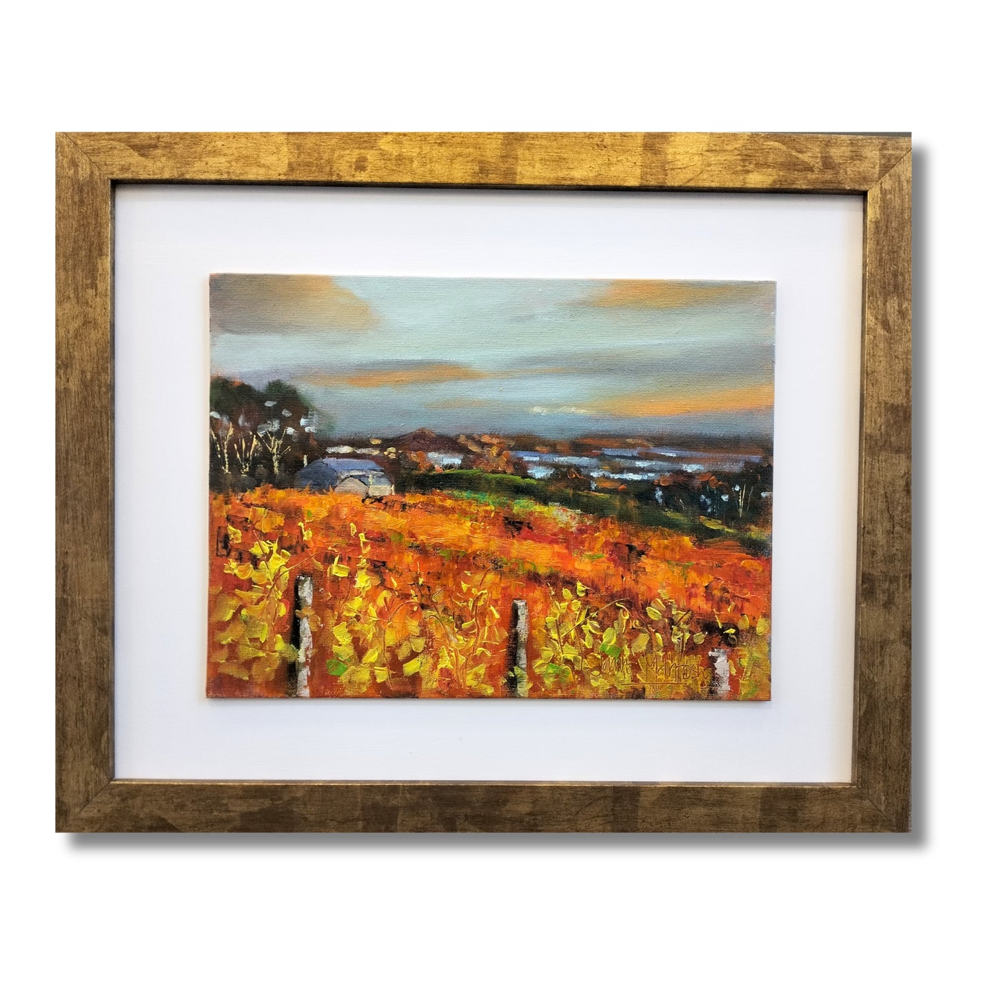 Original oil painting "Sunrise Across Persimmon Orchard" by Jane McIntosh, framed in gold with cream mat, 47 x 38 cm
