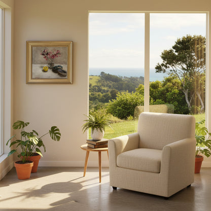 Sweet-Pea and Paua still life painting displayed in peaceful sunroom with natural light and garden views, showing how calming art creates serene sanctuary spaces in real homes