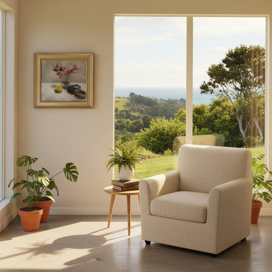 Sweet-Pea and Paua still life painting displayed in peaceful sunroom with natural light and garden views, showing how calming art creates serene sanctuary spaces in real homes
