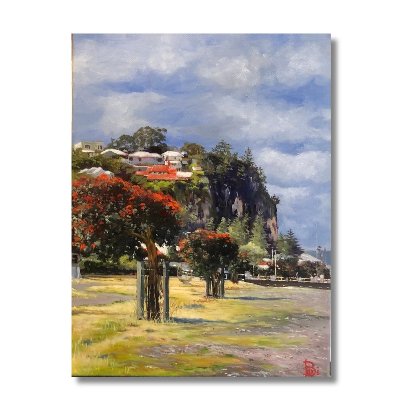 Original oil painting of Napier's Marine Parade foreshore with a red pōhutukawa tree and Bluff Hill in the background, by New Zealand artist Bari Duncan, 23 × 30cm gallery wrap canvas.

