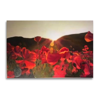Acrylic landscape painting ‘Tall Poppy’ by Janice Corbishley showing  sunlight shining through a field of poppies with a dark distant hill and glowing sunset.