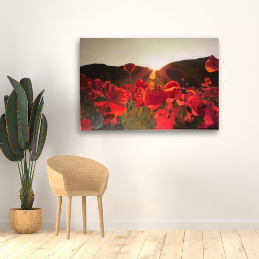"Tall Poppy" by Janice Corbishley, a warm and nostalgic floral sunset scene, displayed in a modern interior setting.