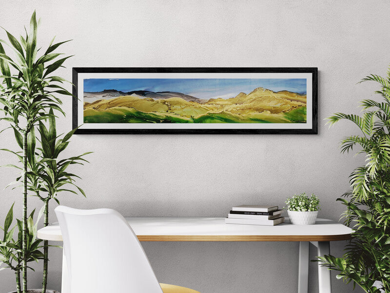 Panoramic alcohol ink painting Te Mata Summer View by Lucie Anderson styled in a modern interior