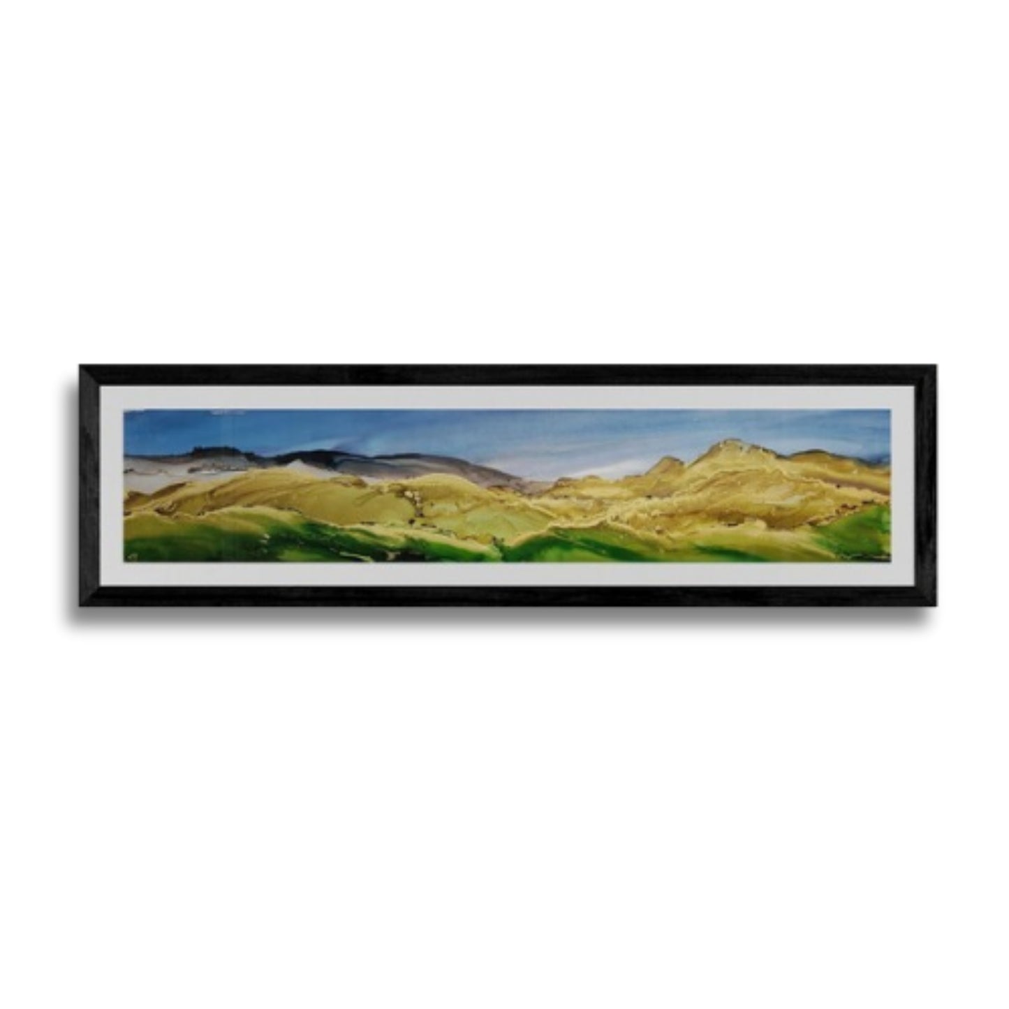 Te Mata Summer View alcohol ink painting by Lucie Anderson – panoramic New Zealand landscape artwork