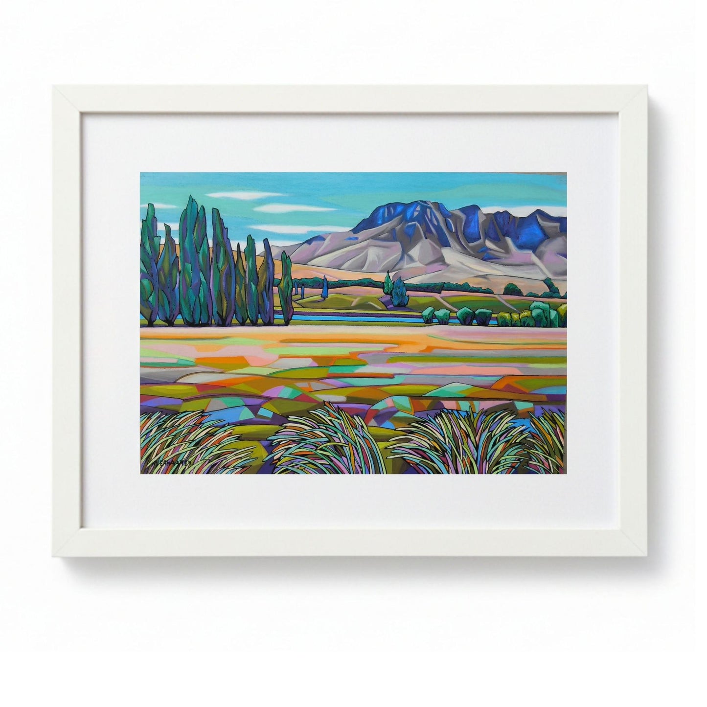 Vibrant framed painting of Te Mata Peak and the Heretaunga Plains in summer with bold poplars and patchwork fields in oil pastel and gouache on paper, by Helena Verhaaren, 88 × 69cm, white frame.
