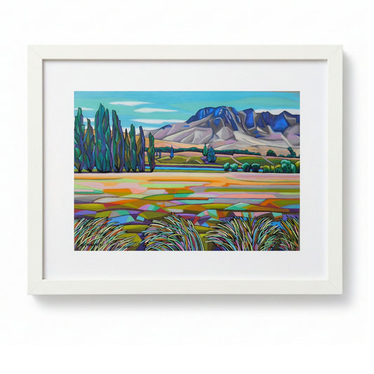 Vibrant framed painting of Te Mata Peak and the Heretaunga Plains in summer with bold poplars and patchwork fields in oil pastel and gouache on paper, by Helena Verhaaren, 88 × 69cm, white frame.
