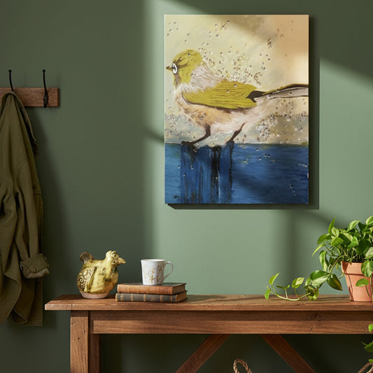 Creative clay bird on a side desk with artistic depiction of a bird on a wall above a wooden console table with decorative items.