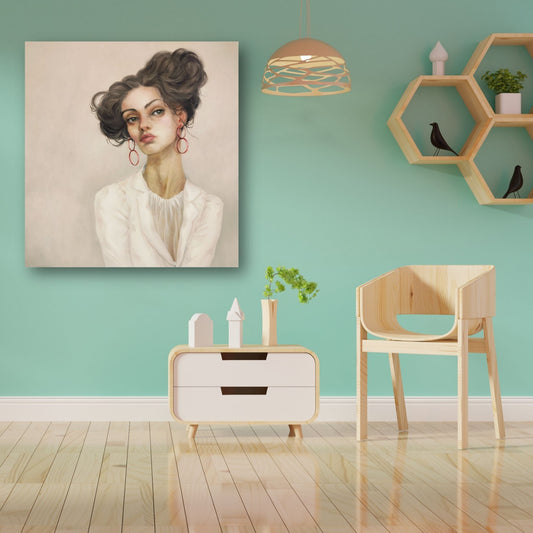 Female figure with confident pose painting by Teri Parat in stylish home setting