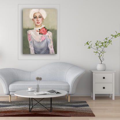 Rosietta painting by Teri Parat displayed in a modern room, featuring an intricate portrait of a woman with white hair and delicate tattoos