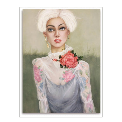 Rosietta portrait painting by Teri Parat showing a woman with white hair, a rose on her shoulder, and tattooed flowers beneath a sheer blouse on white background