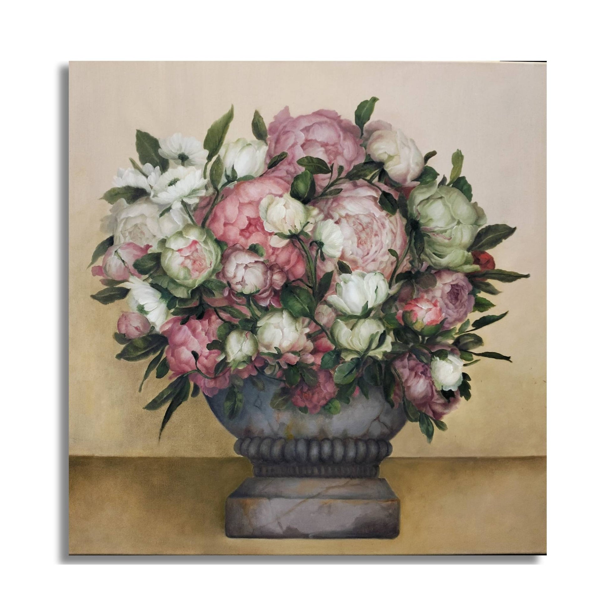 Painting of a Floral arrangement in an urn on a textured beige background on white by artist Teri Parat