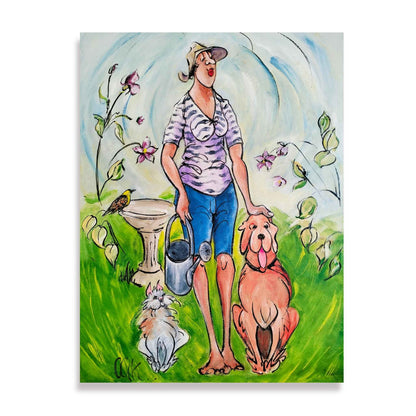 Painting  by Chloe King of a lady in the garden with her cat, dog and a bird on the birdbath in a character  style on a white background