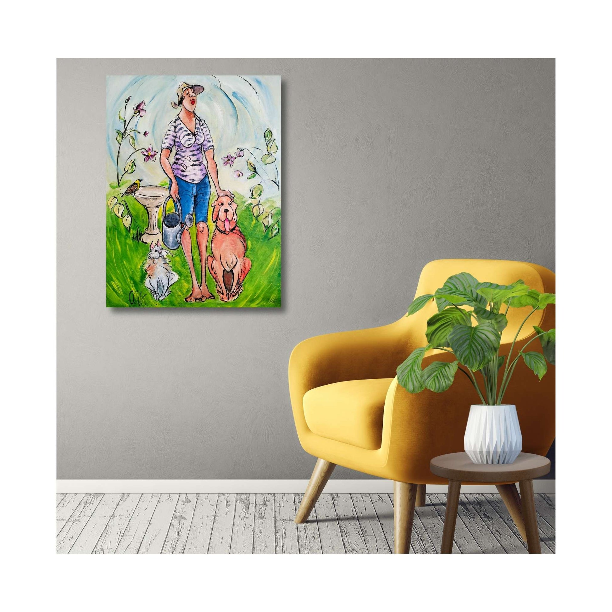 Painting  by Chloe King of a lady in the garden with her cat, dog and a bird on the birdbath in a character figure style on a home setting
