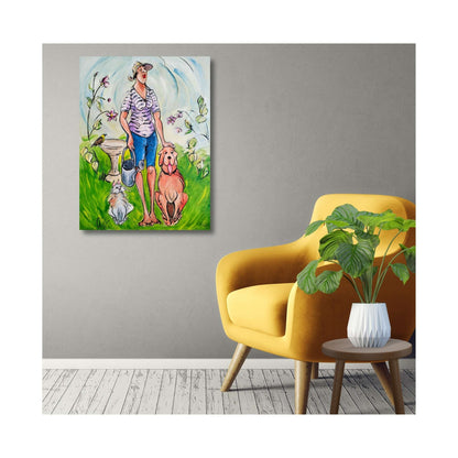 Painting  by Chloe King of a lady in the garden with her cat, dog and a bird on the birdbath in a character figure style on a home setting