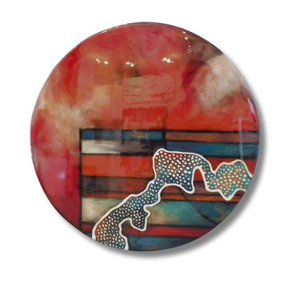 Original abstract circular acrylic painting with resin finish in deep reds, teal and earth tones with a dotted organic white-outlined form, by New Zealand artist Clare Wilcox, 49cm round canvas.
