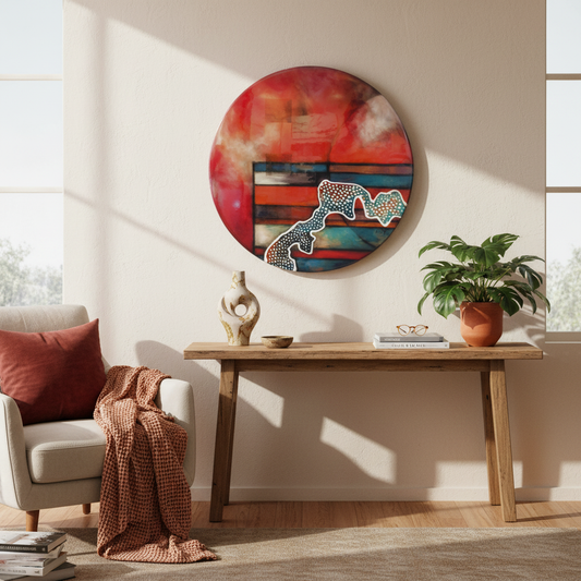 Round abstract acrylic painting The Ground Beneath by Clare Wilcox displayed in a warm contemporary home interior setting.
