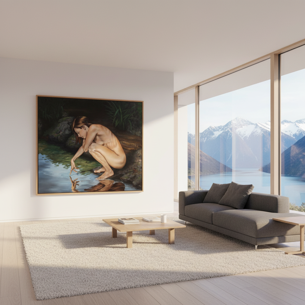 The Pool of Dreams oil painting by New Zealand artist Peter Miller, in modern home