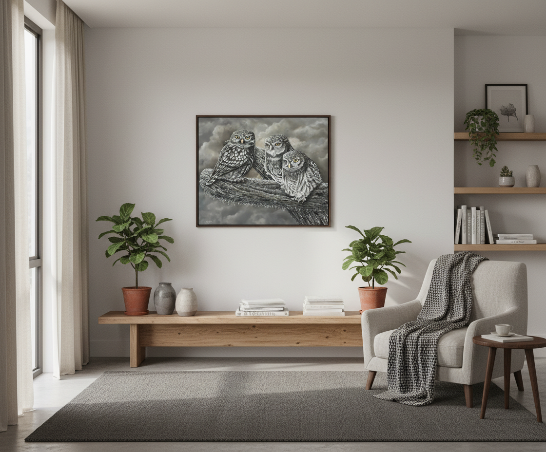 Painting of three moreporks on a canvas, showcased in a home mockup.