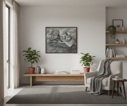 Painting of three moreporks on a canvas, showcased in a home mockup.