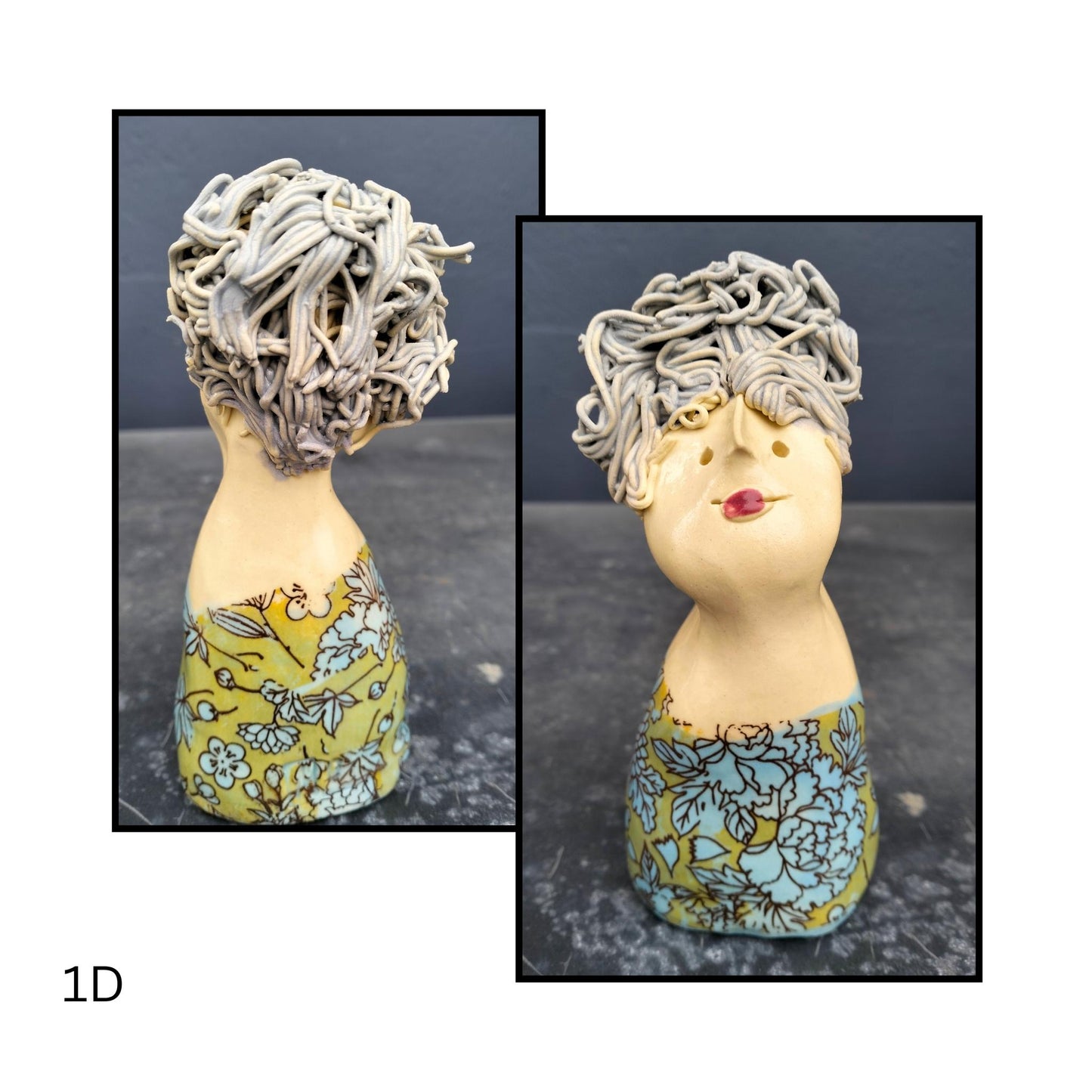 Small ceramic figure with tousled grey hair and a textured teal cand green outfit, radiating gentle wisdom.