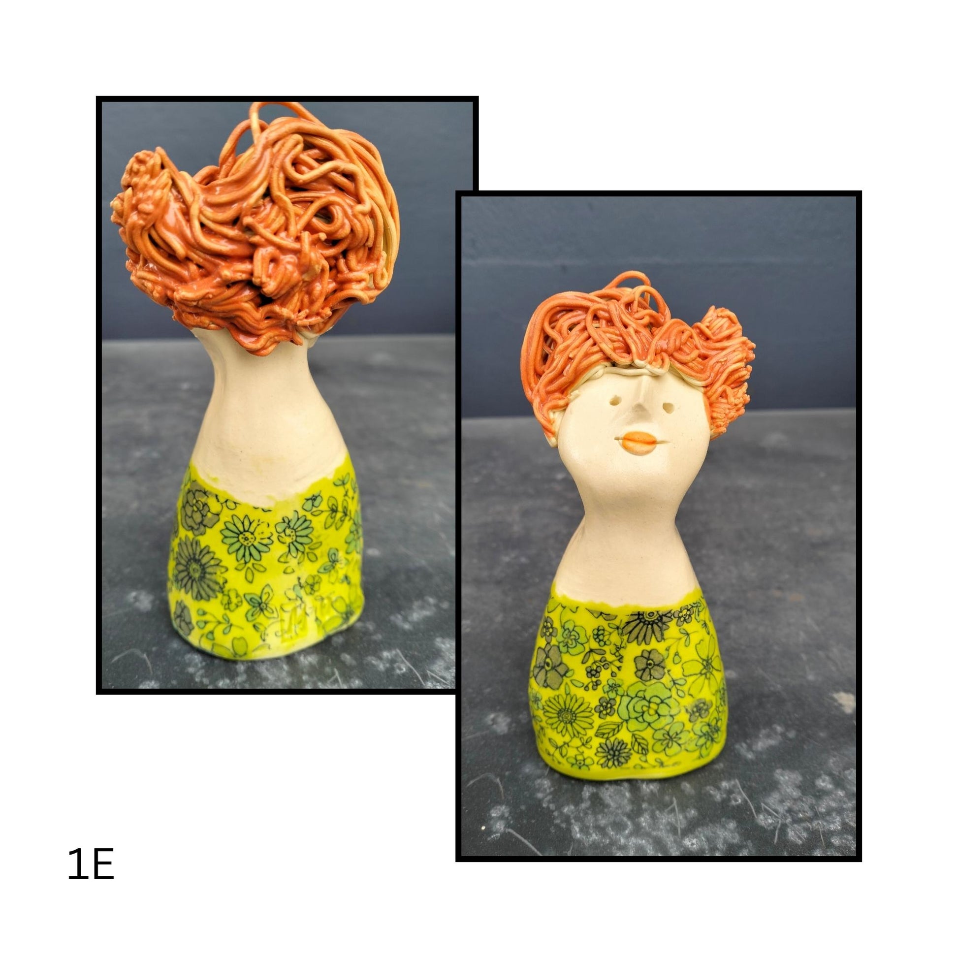 Handcrafted figure with a tilted head and yellow green dress, exuding shy charm and subtle mischief.