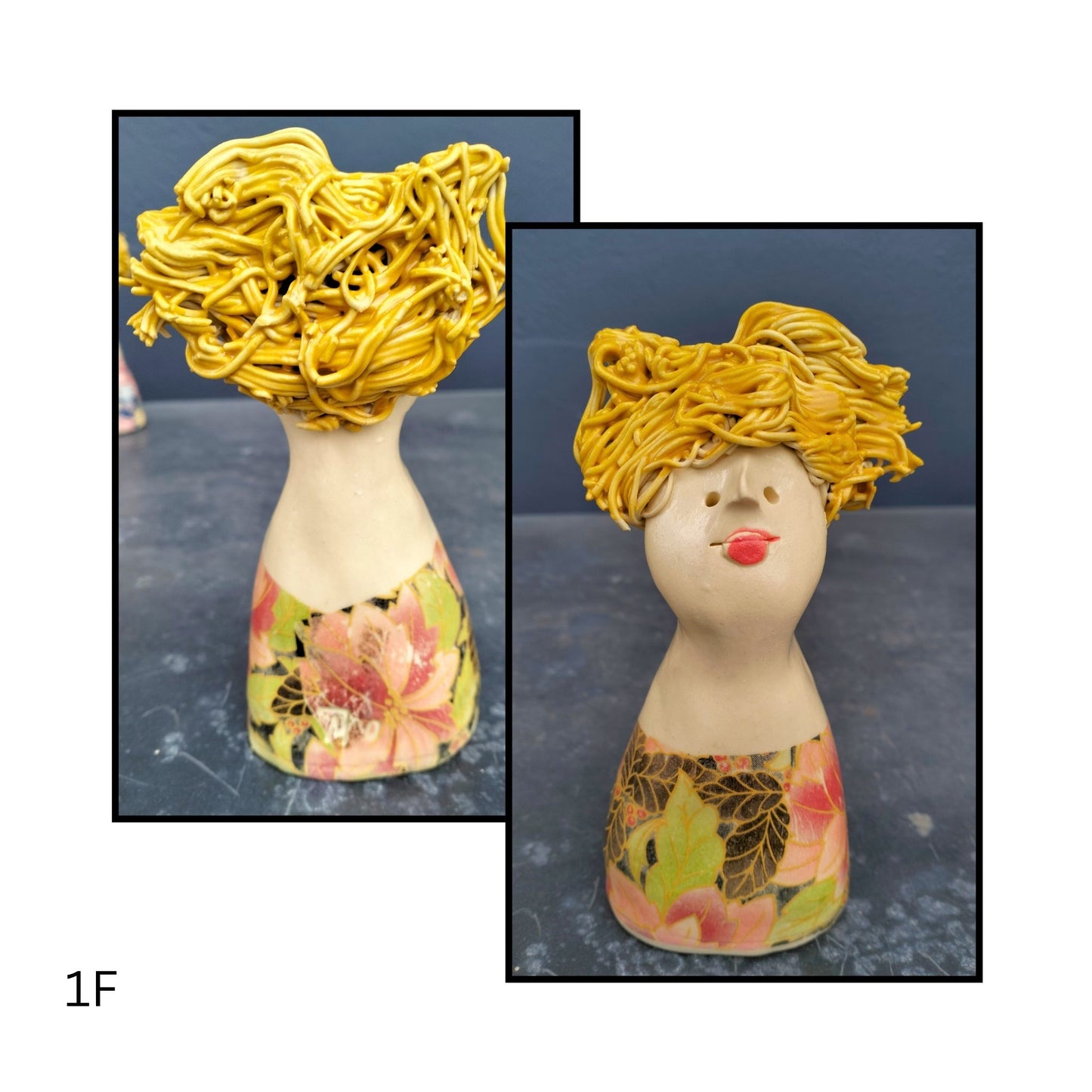Playful ceramic character in soft coral pink,  yellow hair stylishly messy