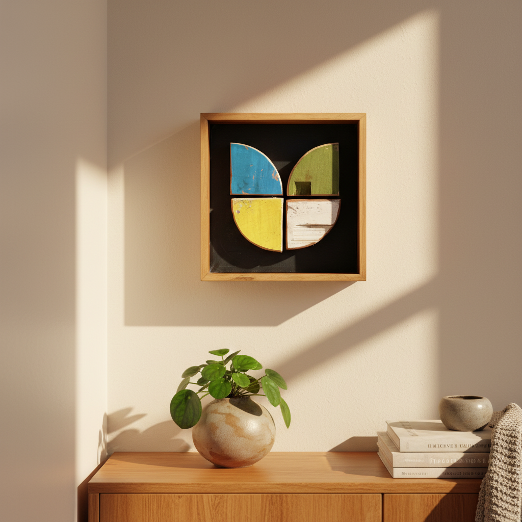 Tiny Tulip by Lee Pritchard displayed in a contemporary NZ home interior, small square reclaimed wood wall art
