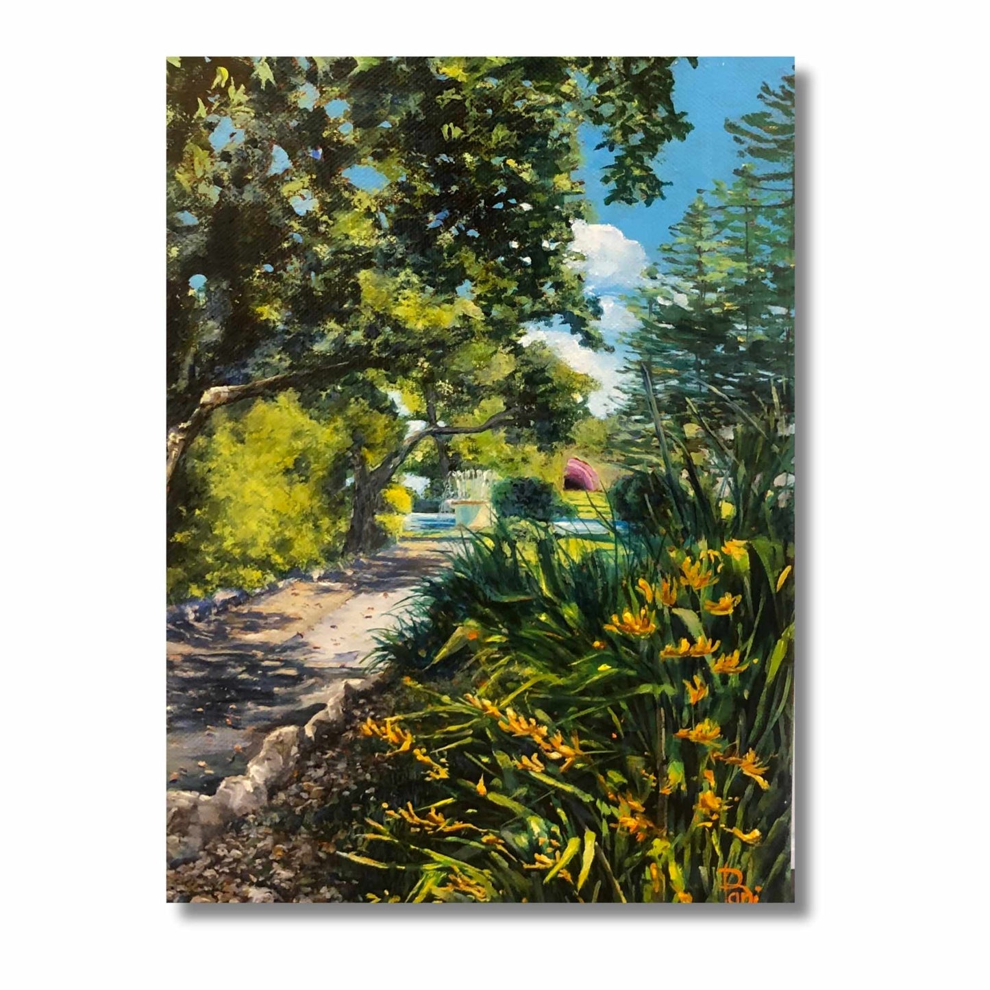 Original oil painting of the Marine Parade gardens in Napier with dappled light through trees, golden kangaroo paw flowers and a path leading to the soundshell, by Bari Duncan, 23 × 30cm gallery wrap canvas.
